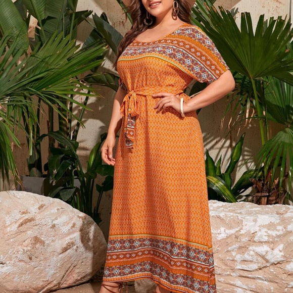 PLUS Orange Tribal Print Maxi Dress Belted - Picture 4 of 6